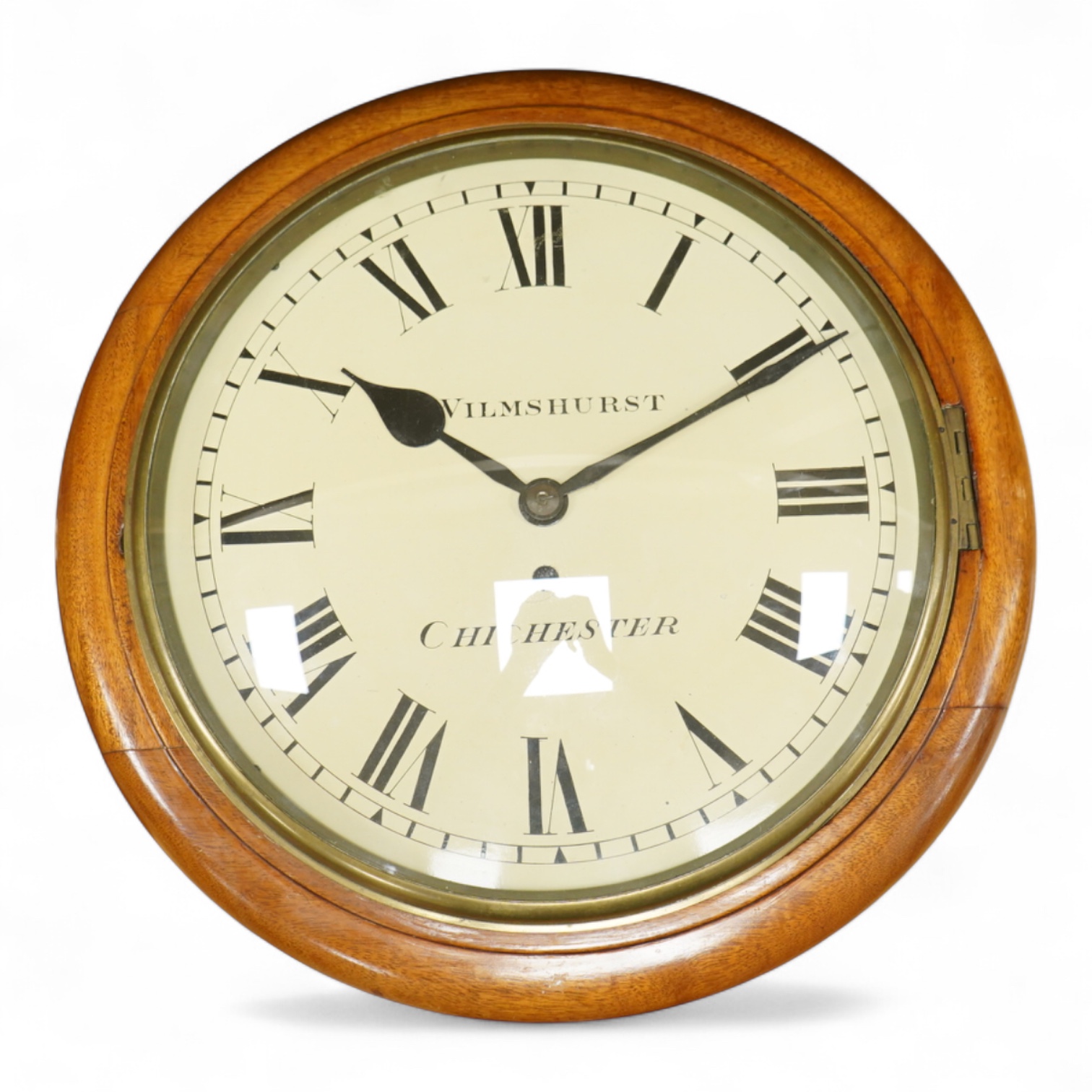 A circular dial mahogany cased wall clock with a single train fusee movement, painted dial reading Wilmshurst, Chichester, 39cm in diameter